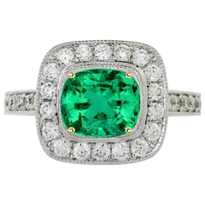Natural Real ( Not Lab Grown ) Green Emerald GIA Halo Engagement Ring Cushion Cut Gold 14K