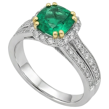 Natural Real ( Not Lab Grown ) Green Emerald GIA Halo Ladies Ring Set Milgrain Style