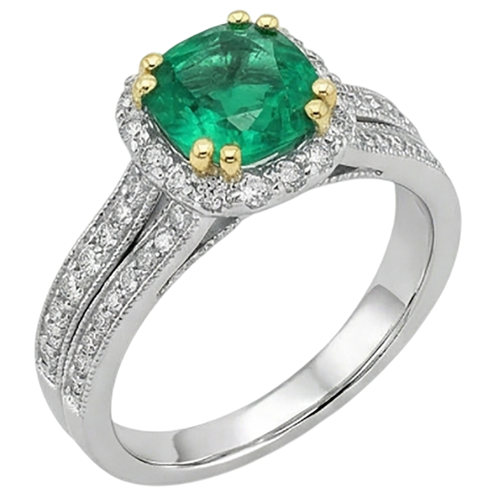 Natural Real ( Not Lab Grown ) Green Emerald GIA Halo Ladies Ring Set Milgrain Style