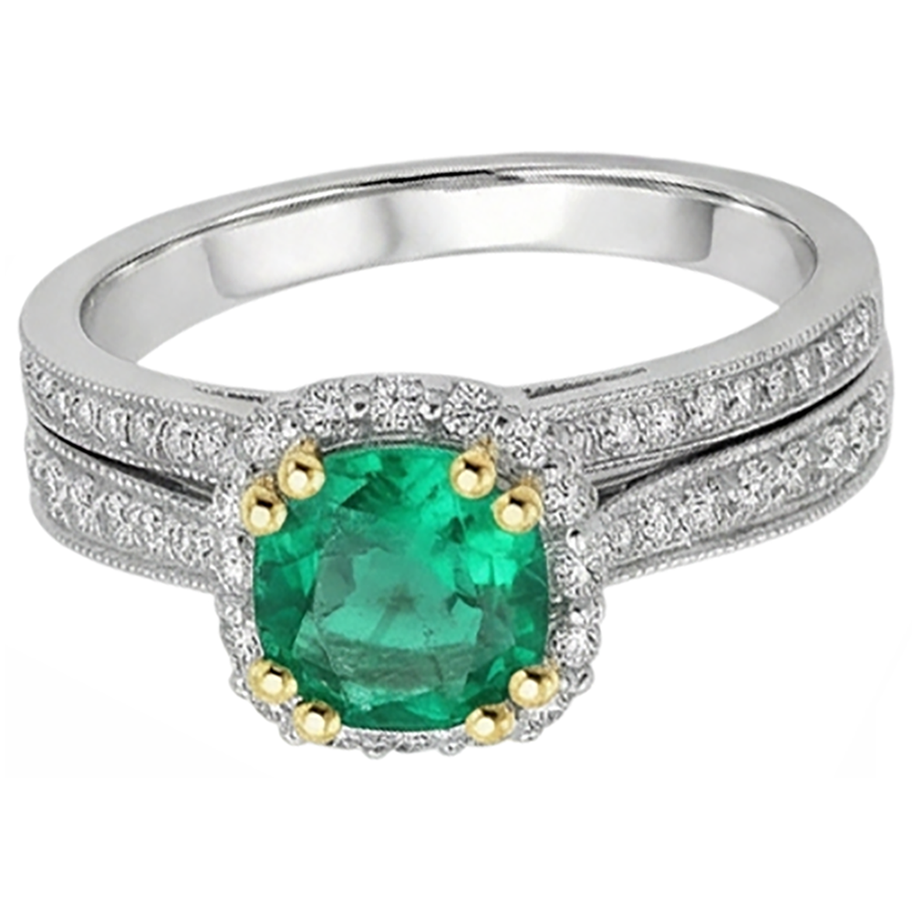Natural Real ( Not Lab Grown ) Green Emerald GIA Halo Ladies Ring Set Milgrain Style