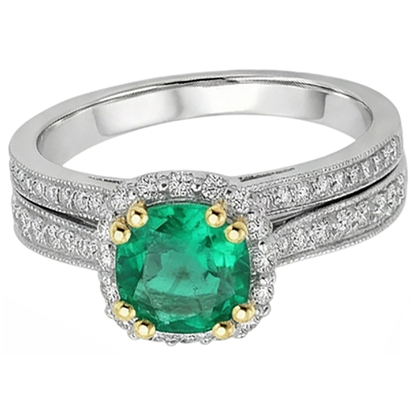Natural Real ( Not Lab Grown ) Green Emerald GIA Halo Ladies Ring Set Milgrain Style