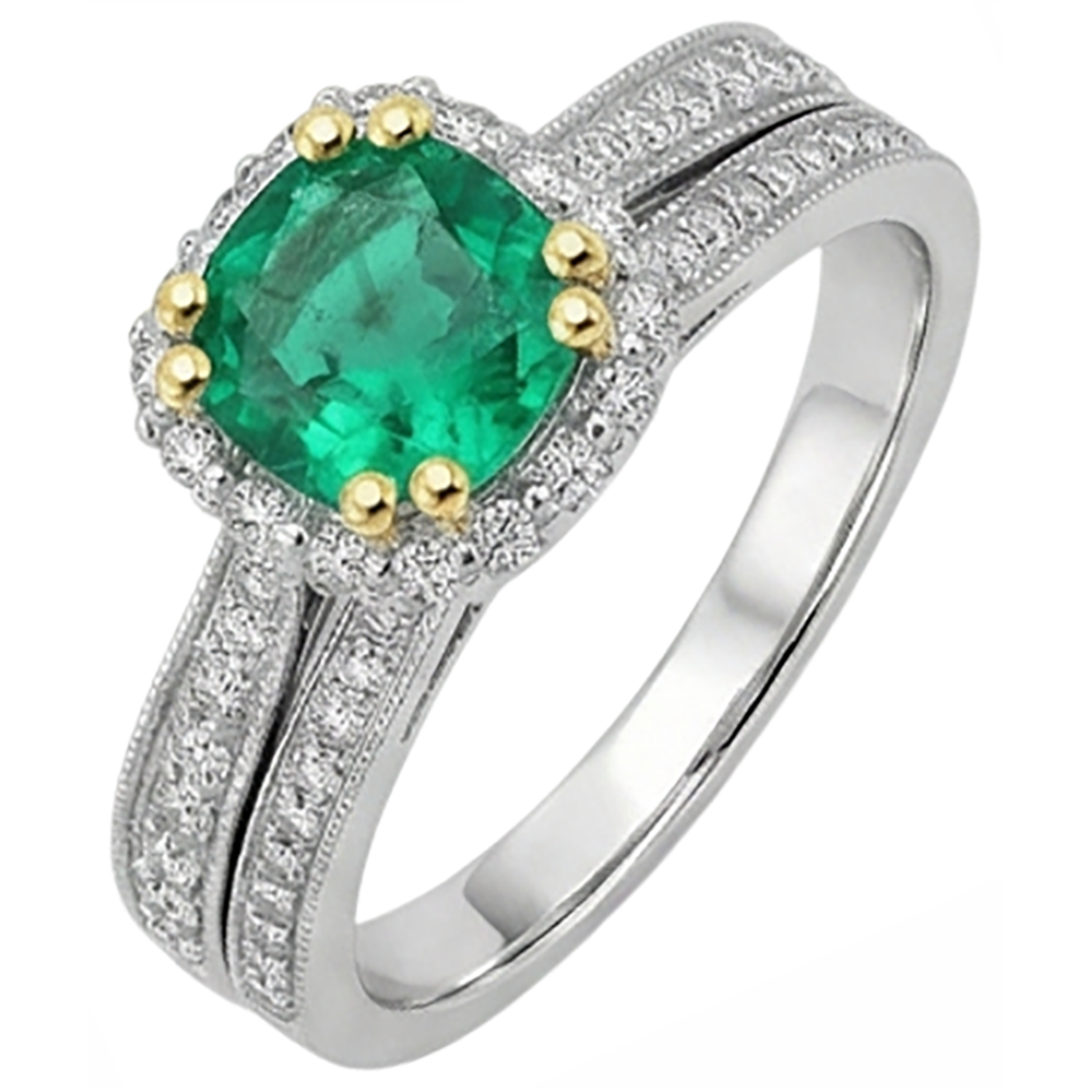 Natural Real ( Not Lab Grown ) Green Emerald GIA Halo Ladies Ring Set Milgrain Style