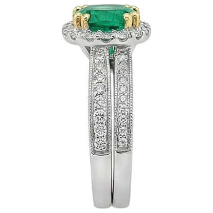 Natural Real ( Not Lab Grown ) Green Emerald GIA Halo Ladies Ring Set Milgrain Style