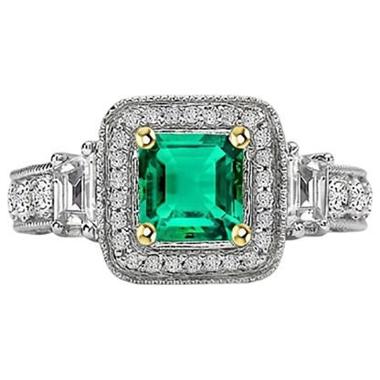 Natural Real ( Not Lab Grown ) Green Emerald GIA Halo Ring Antique Look Ladies Jewelry