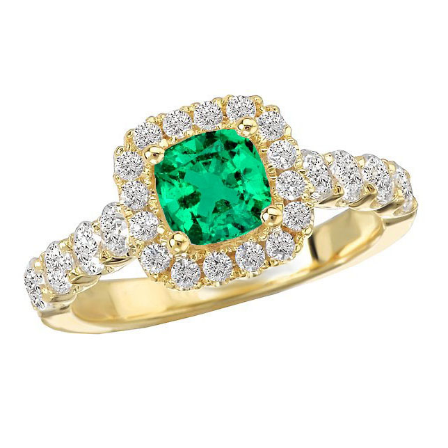 Green Emerald Halo Ring Cushion Cut Gemstone Yellow Gold