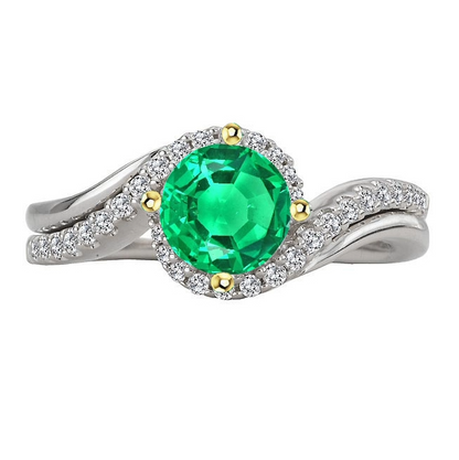 Green Emerald Halo Ring Gold 14K Twisted Shank