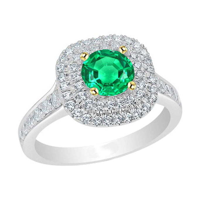 Green Emerald Halo Ring Pave Set Diamonds Wedding Jewelry