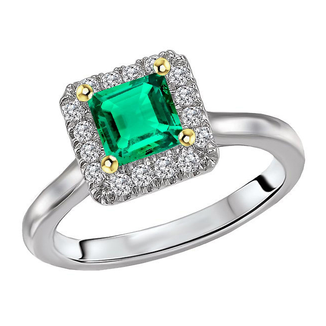 Green Emerald Halo Ring Princess Cut Comfort Fit