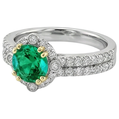 Natural Real ( Not Lab Grown ) Green Emerald GIA Halo Ring Set Two Tone Bridal Jewelry