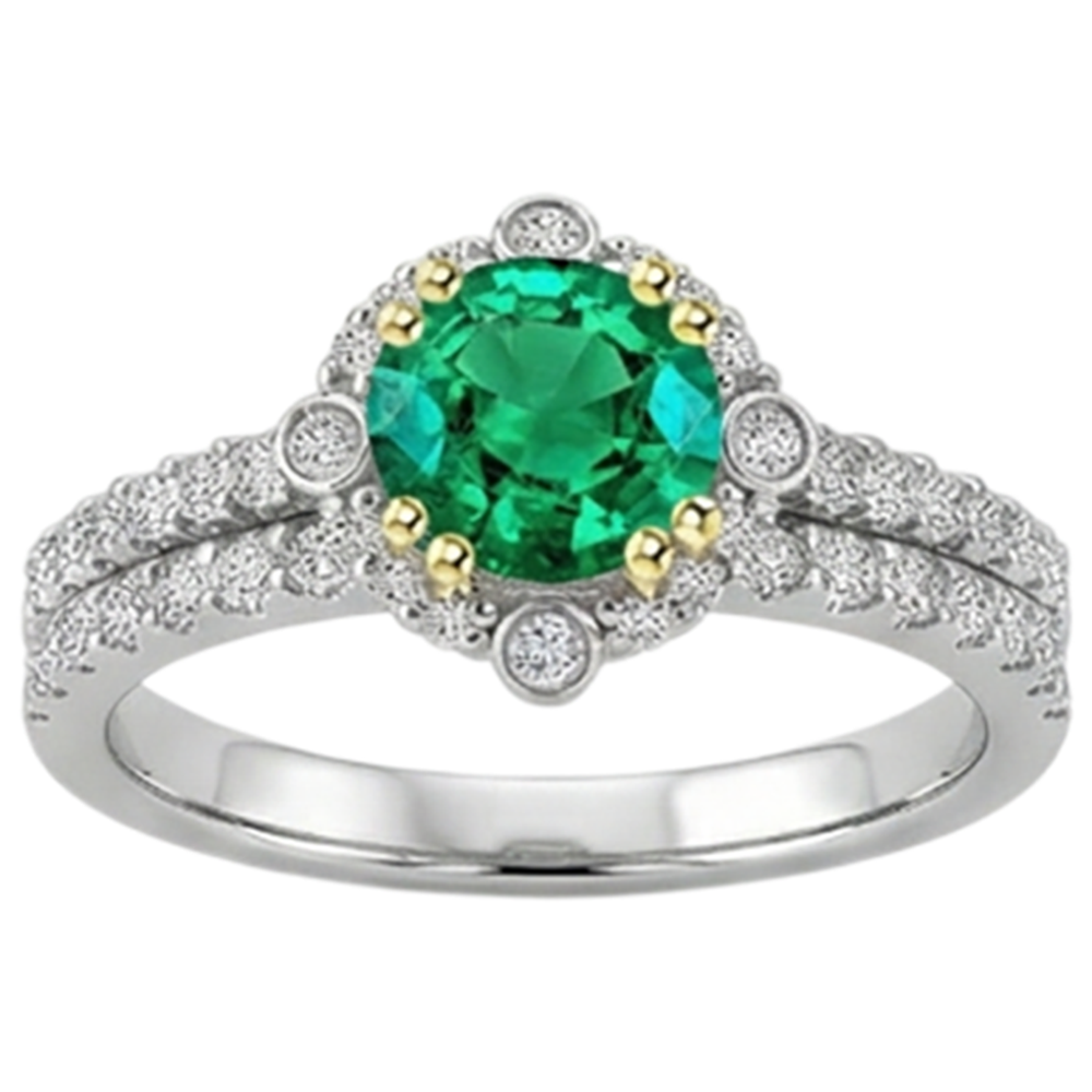 Natural Real ( Not Lab Grown ) Green Emerald GIA Halo Ring Set Two Tone Bridal Jewelry