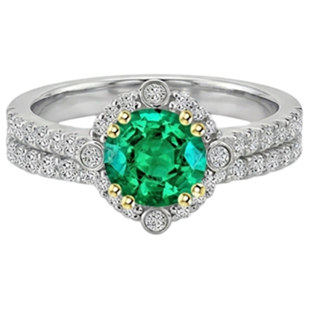 Natural Real ( Not Lab Grown ) Green Emerald GIA Halo Ring Set Two Tone Bridal Jewelry