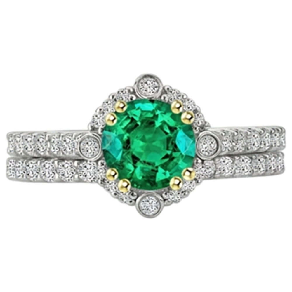 Natural Real ( Not Lab Grown ) Green Emerald GIA Halo Ring Set Two Tone Bridal Jewelry