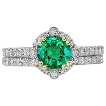 Natural Real ( Not Lab Grown ) Green Emerald GIA Halo Ring Set Two Tone Bridal Jewelry