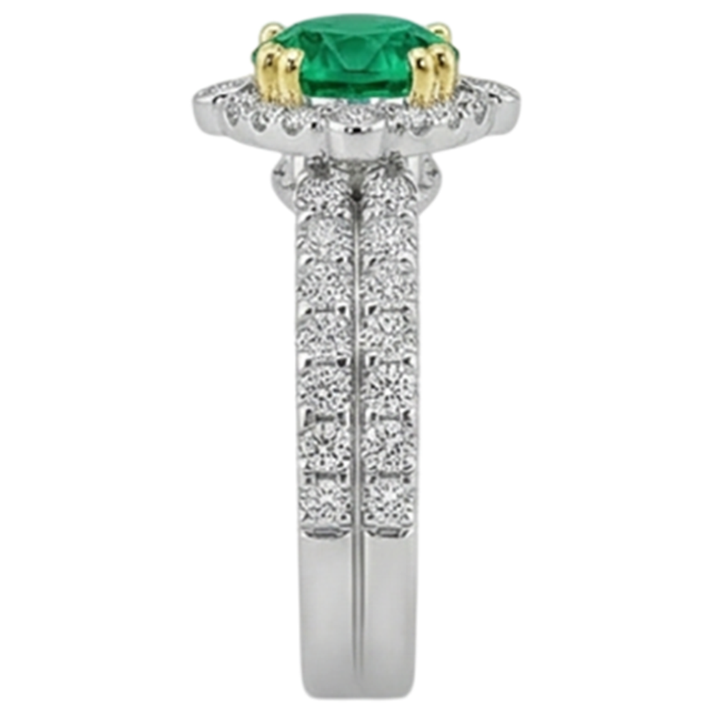 Natural Real ( Not Lab Grown ) Green Emerald GIA Halo Ring Set Two Tone Bridal Jewelry