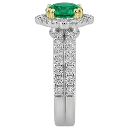 Natural Real ( Not Lab Grown ) Green Emerald GIA Halo Ring Set Two Tone Bridal Jewelry