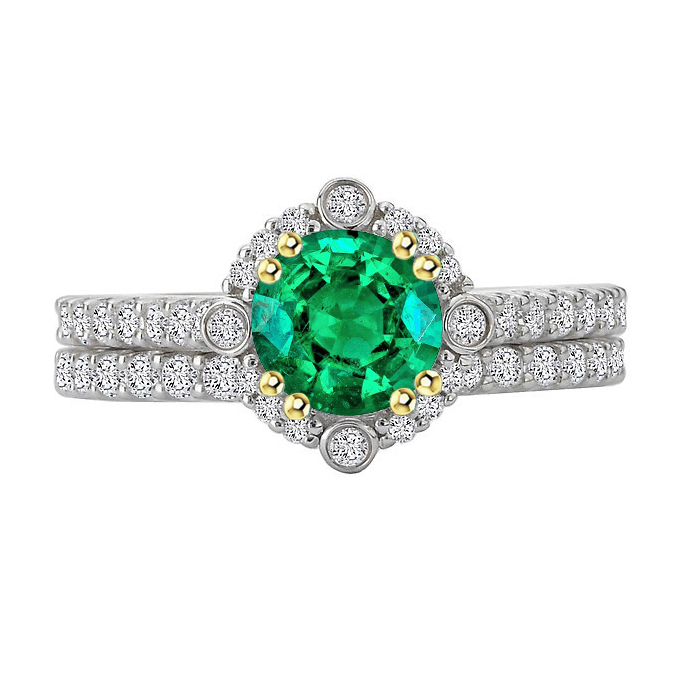 Green Emerald Halo Ring Set Two Tone Bridal Jewelry