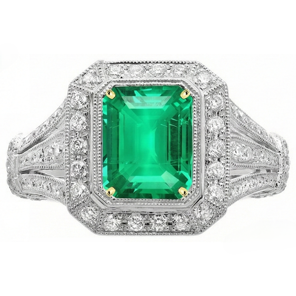 Natural Real ( Not Lab Grown ) Green Emerald GIA Halo Ring Vintage Style Diamond Jewelry