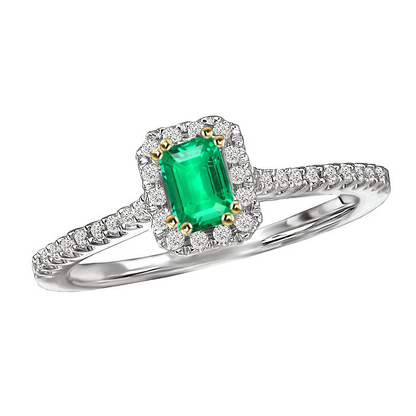 Green Emerald Halo Wedding Ring Comfort Fit Band