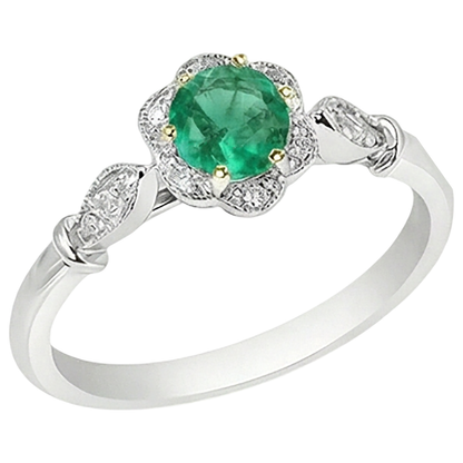 Natural Real ( Not Lab Grown ) Green Emerald GIA Halo Wedding Ring Flower Design