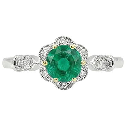 Natural Real ( Not Lab Grown ) Green Emerald GIA Halo Wedding Ring Flower Design