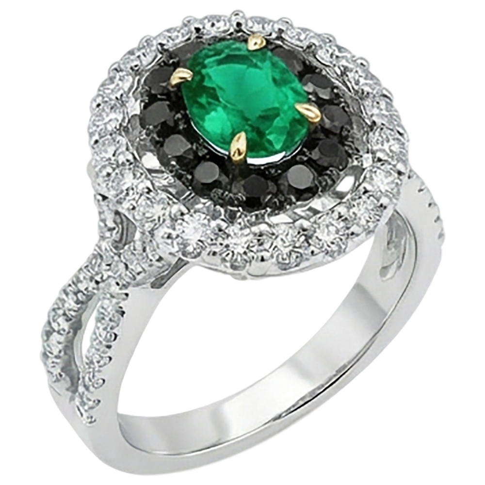 Natural Real ( Not Lab Grown ) Green Emerald GIA Oval Gemstone Ring Halo Black Diamonds