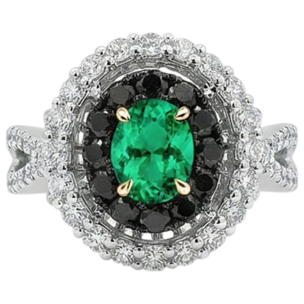 Natural Real ( Not Lab Grown ) Green Emerald GIA Oval Gemstone Ring Halo Black Diamonds