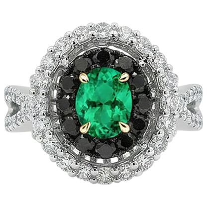 Natural Real ( Not Lab Grown ) Green Emerald GIA Oval Gemstone Ring Halo Black Diamonds