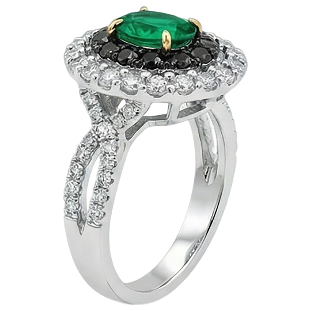 Natural Real ( Not Lab Grown ) Green Emerald GIA Oval Gemstone Ring Halo Black Diamonds