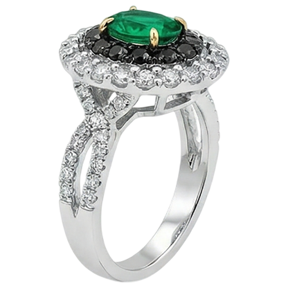 Natural Real ( Not Lab Grown ) Green Emerald GIA Oval Gemstone Ring Halo Black Diamonds