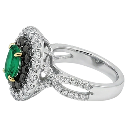 Natural Real ( Not Lab Grown ) Green Emerald GIA Oval Gemstone Ring Halo Black Diamonds