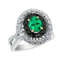 Green Emerald Oval Gemstone Ring Halo Black Diamonds