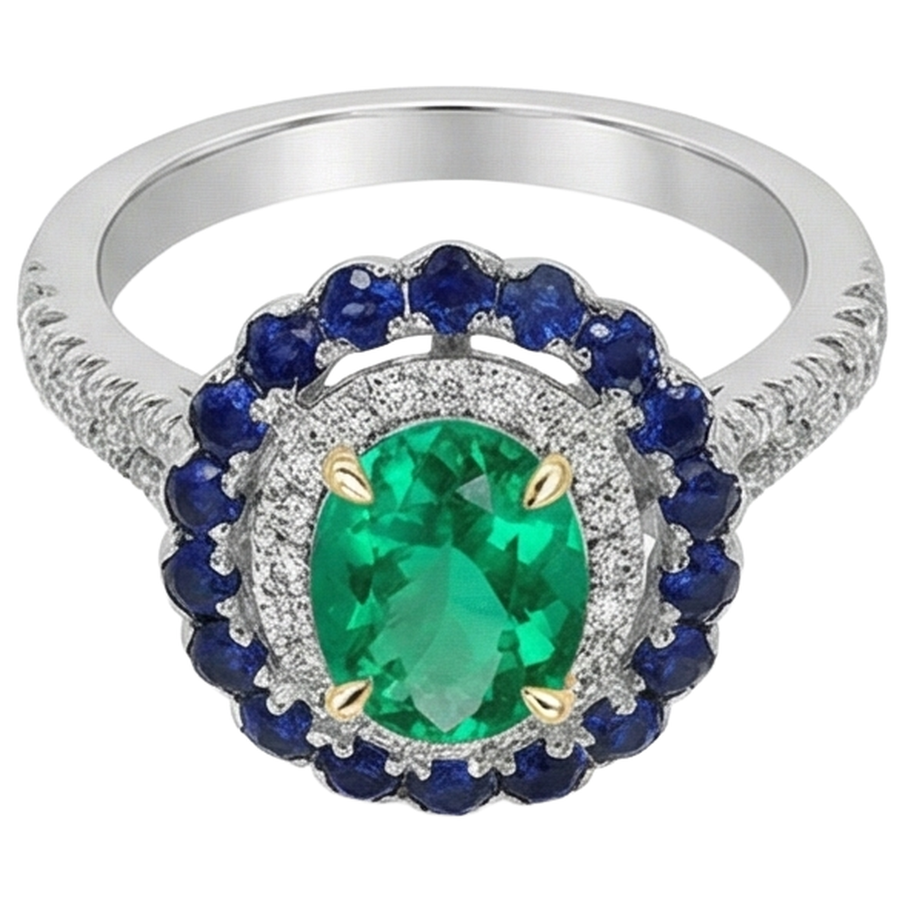 Natural Real ( Not Lab Grown ) Green Emerald GIA Oval Halo Ring Blue Sapphire Women’s Jewelry