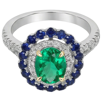 Natural Real ( Not Lab Grown ) Green Emerald GIA Oval Halo Ring Blue Sapphire Women’s Jewelry