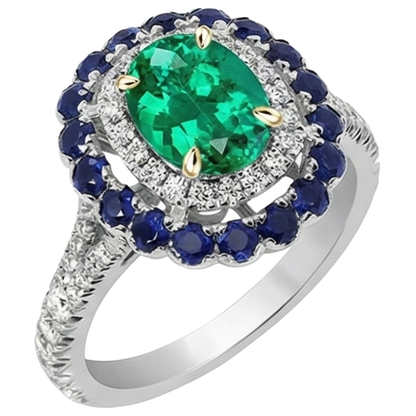 Natural Real ( Not Lab Grown ) Green Emerald GIA Oval Halo Ring Blue Sapphire Women’s Jewelry