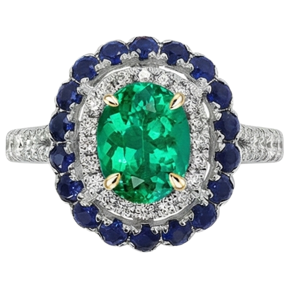 Natural Real ( Not Lab Grown ) Green Emerald GIA Oval Halo Ring Blue Sapphire Women’s Jewelry