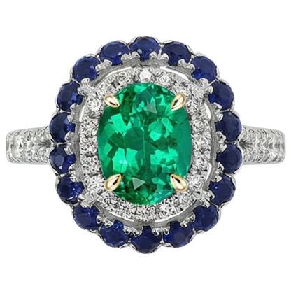 Natural Real ( Not Lab Grown ) Green Emerald GIA Oval Halo Ring Blue Sapphire Women’s Jewelry