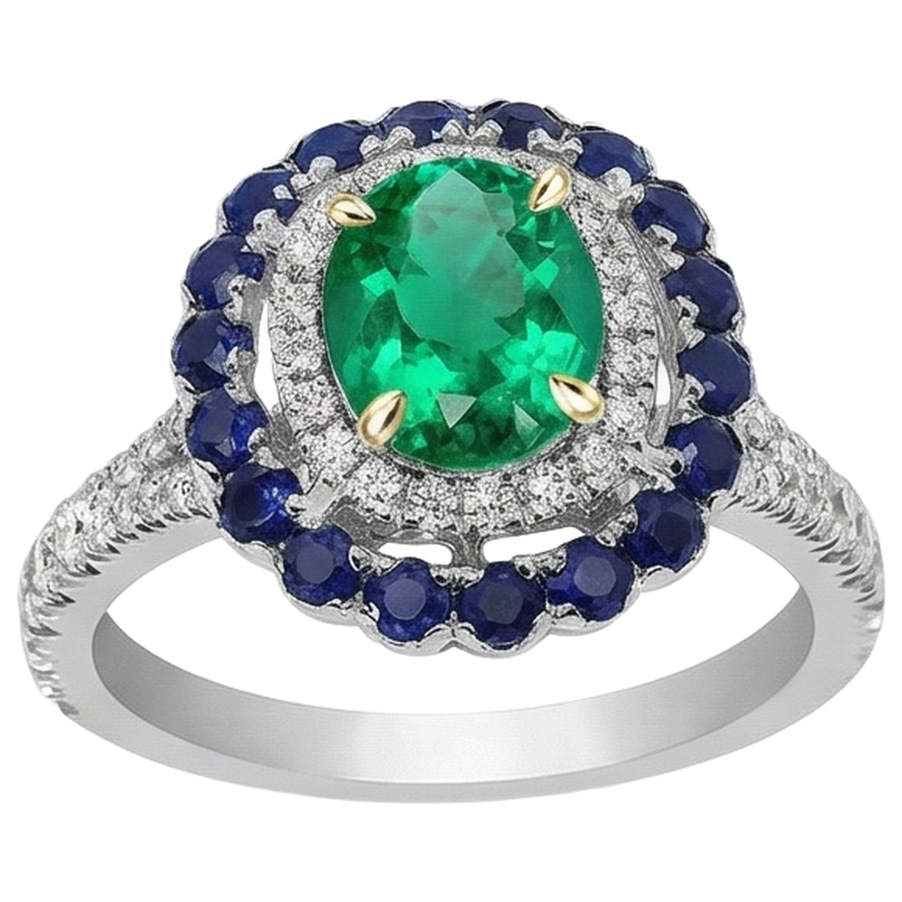 Natural Real ( Not Lab Grown ) Green Emerald GIA Oval Halo Ring Blue Sapphire Women’s Jewelry