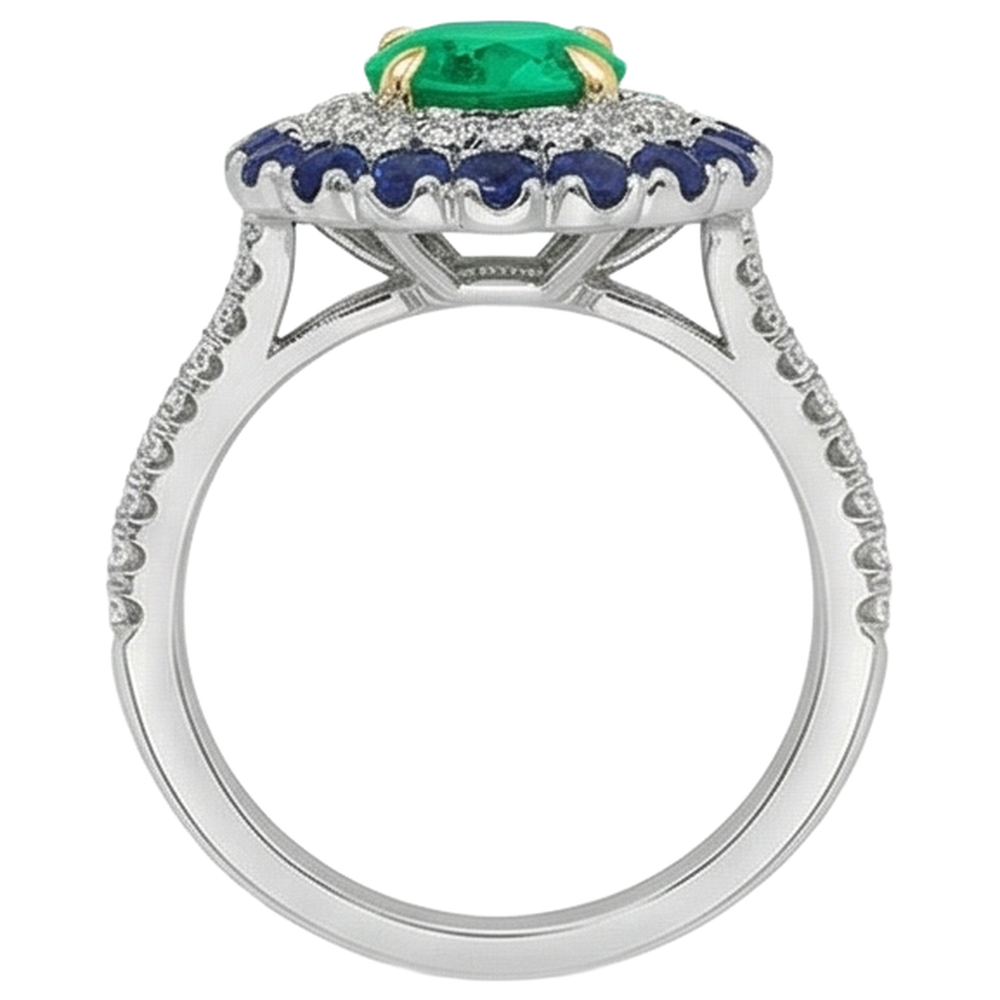 Natural Real ( Not Lab Grown ) Green Emerald GIA Oval Halo Ring Blue Sapphire Women’s Jewelry