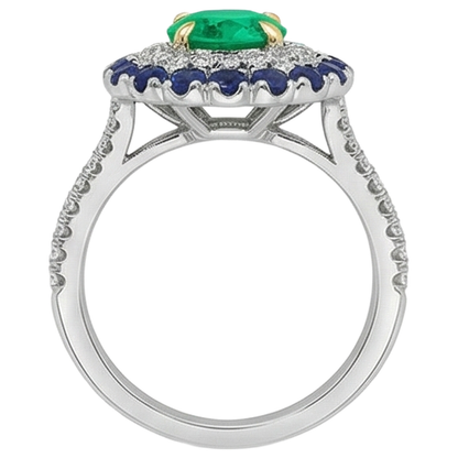 Natural Real ( Not Lab Grown ) Green Emerald GIA Oval Halo Ring Blue Sapphire Women’s Jewelry