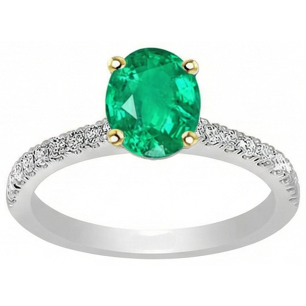 Natural Real ( Not Lab Grown ) Green Emerald GIA Oval Ring With Accents