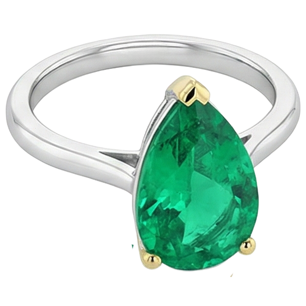 Natural Real ( Not Lab Grown ) Green Emerald GIA Pear Cut Ring