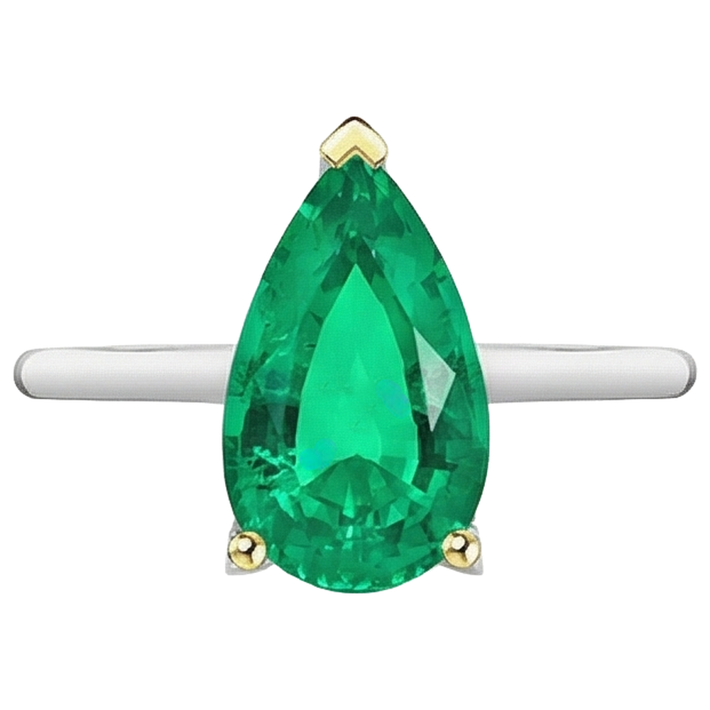 Natural Real ( Not Lab Grown ) Green Emerald GIA Pear Cut Ring