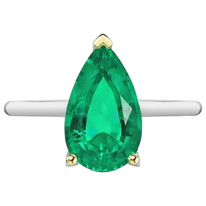Natural Real ( Not Lab Grown ) Green Emerald GIA Pear Cut Ring