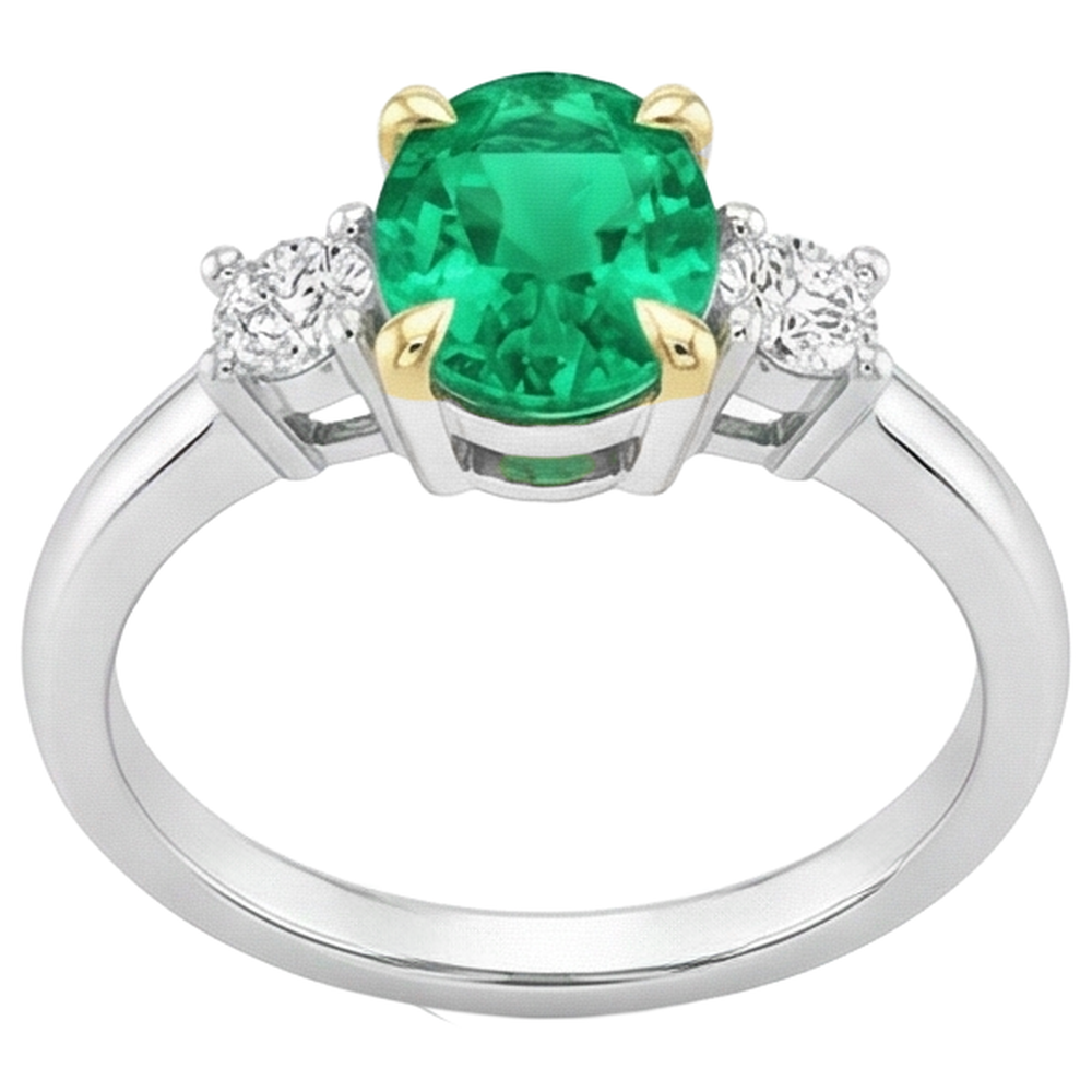 Natural Real ( Not Lab Grown ) Green Emerald GIA Ring Oval Three Stone Diamonds