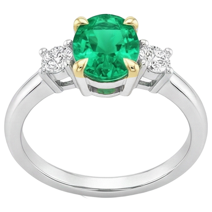 Natural Real ( Not Lab Grown ) Green Emerald GIA Ring Oval Three Stone Diamonds