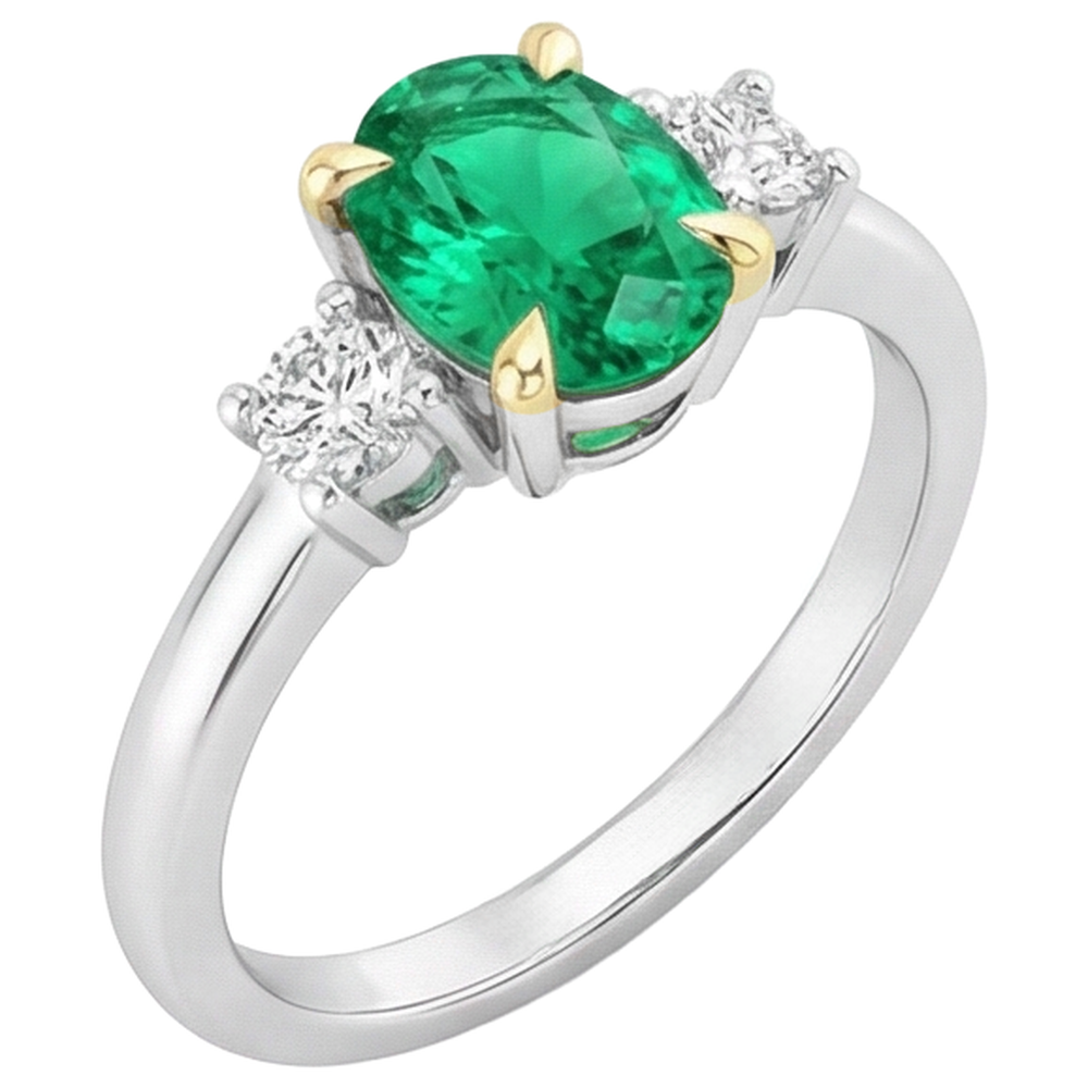 Natural Real ( Not Lab Grown ) Green Emerald GIA Ring Oval Three Stone Diamonds