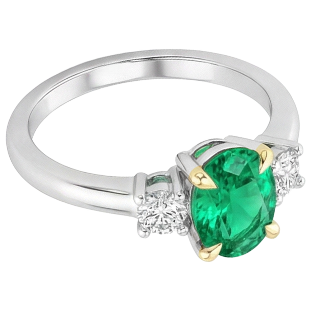 Natural Real ( Not Lab Grown ) Green Emerald GIA Ring Oval Three Stone Diamonds