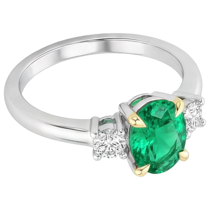 Natural Real ( Not Lab Grown ) Green Emerald GIA Ring Oval Three Stone Diamonds