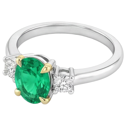 Natural Real ( Not Lab Grown ) Green Emerald GIA Ring Oval Three Stone Diamonds