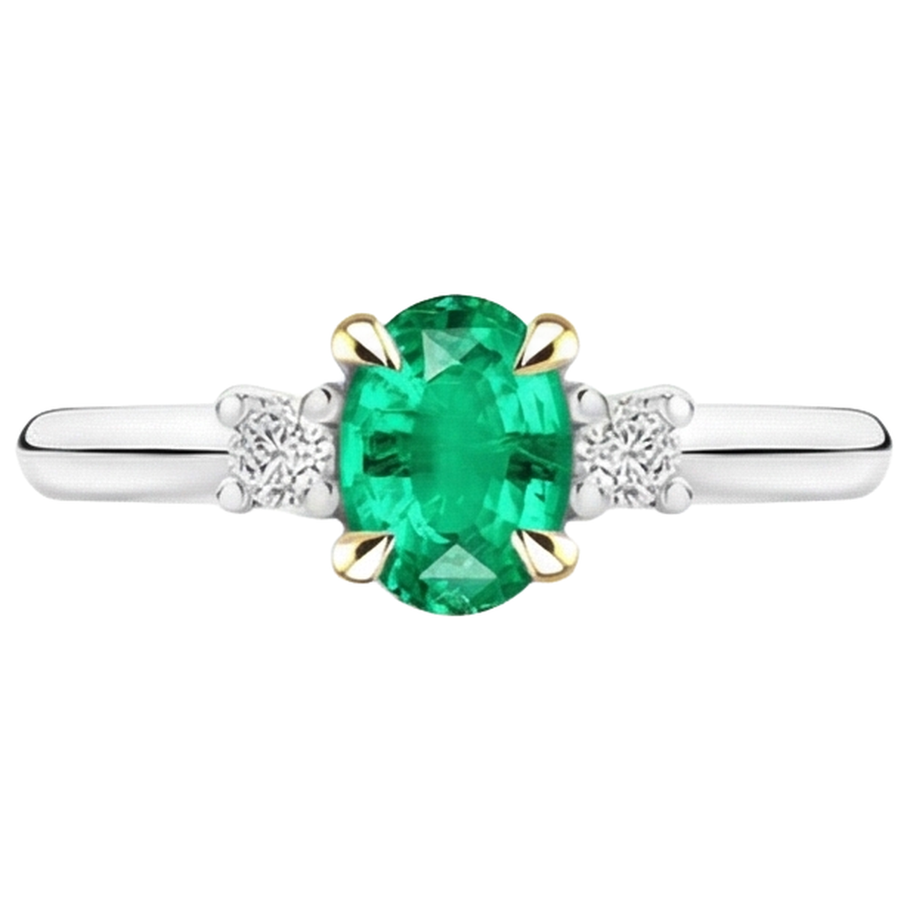 Natural Real ( Not Lab Grown ) Green Emerald GIA Ring Oval Three Stone Diamonds